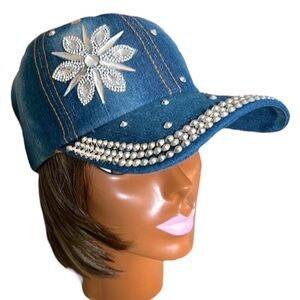 Fancy Denim Studded Rhinestone Bejeweled Sparkle Baseball Cap Trucker Hat NEW